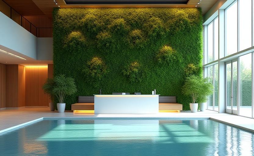 A commercial office building lobby featuring a stunning living wall and calm water feature.