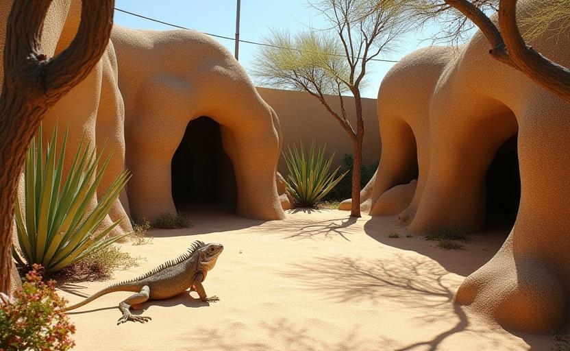 A secure, sun-drenched rooftop enclosure for an iguana with large climbing structures.
