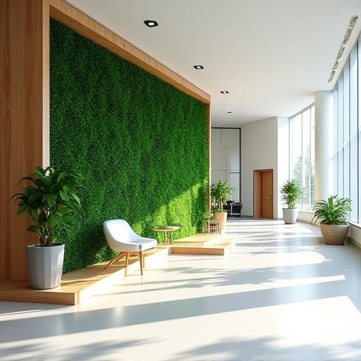 A modern office lobby with a large green living wall and natural wood accents.