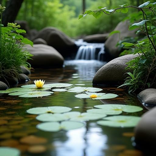 A naturalistic pond with lily pads and a small cascading waterfall over rocks.