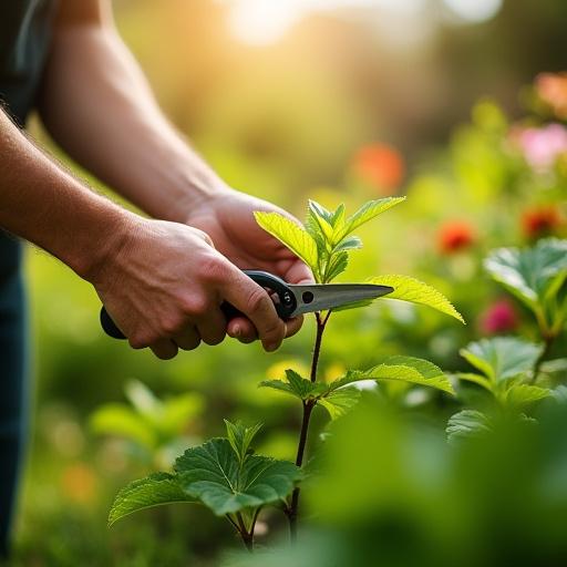 A gardener carefully pruning a plant in a lush, well-maintained garden.