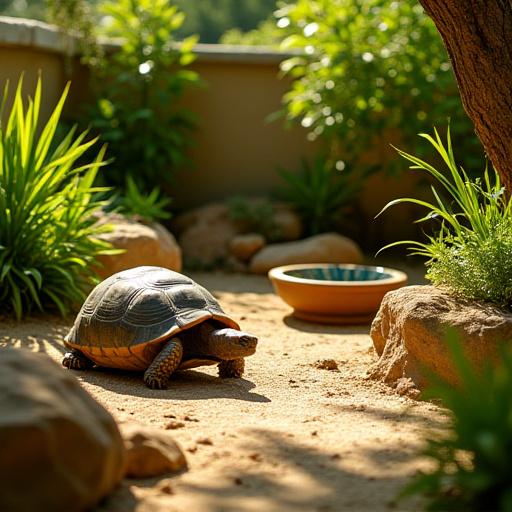 A sunlit garden area designed for a tortoise with safe plants and basking rocks.
